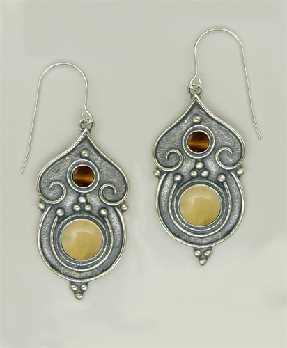 Sterling Silver Gothic Inspired Drop Dangle Earrings With Yellow Jade And Tiger Eye